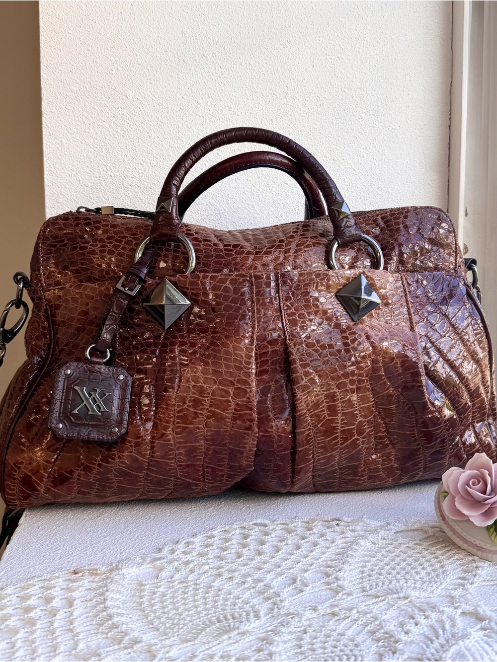 Vintage Y2K Cognac Faux Croc Satchel Office Siren Bag Leather Trim